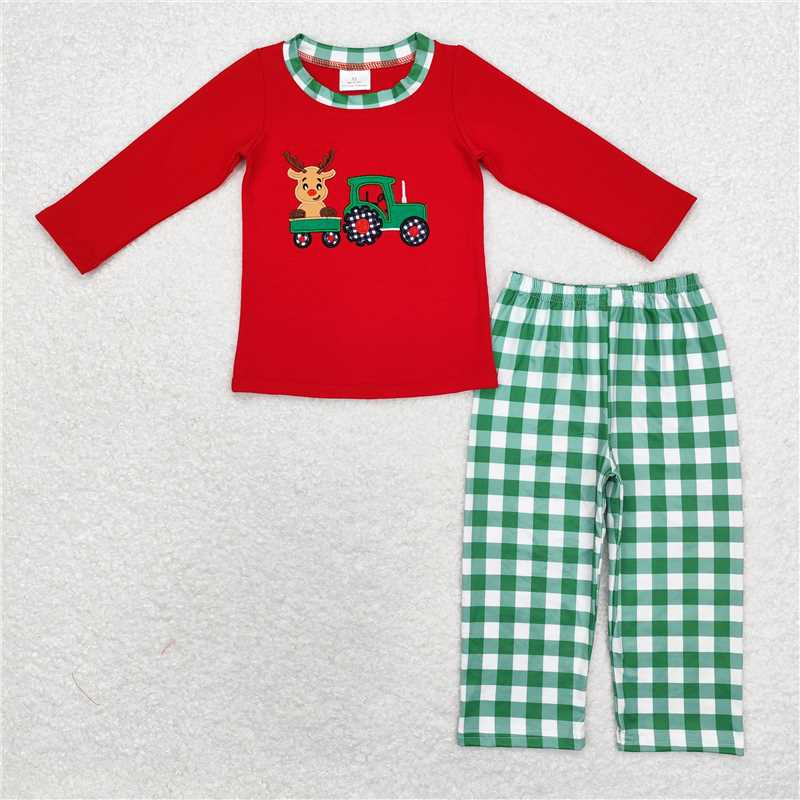 BLP0611 Embroidered Christmas reindeer truck red long sleeve green plaid trousers suit