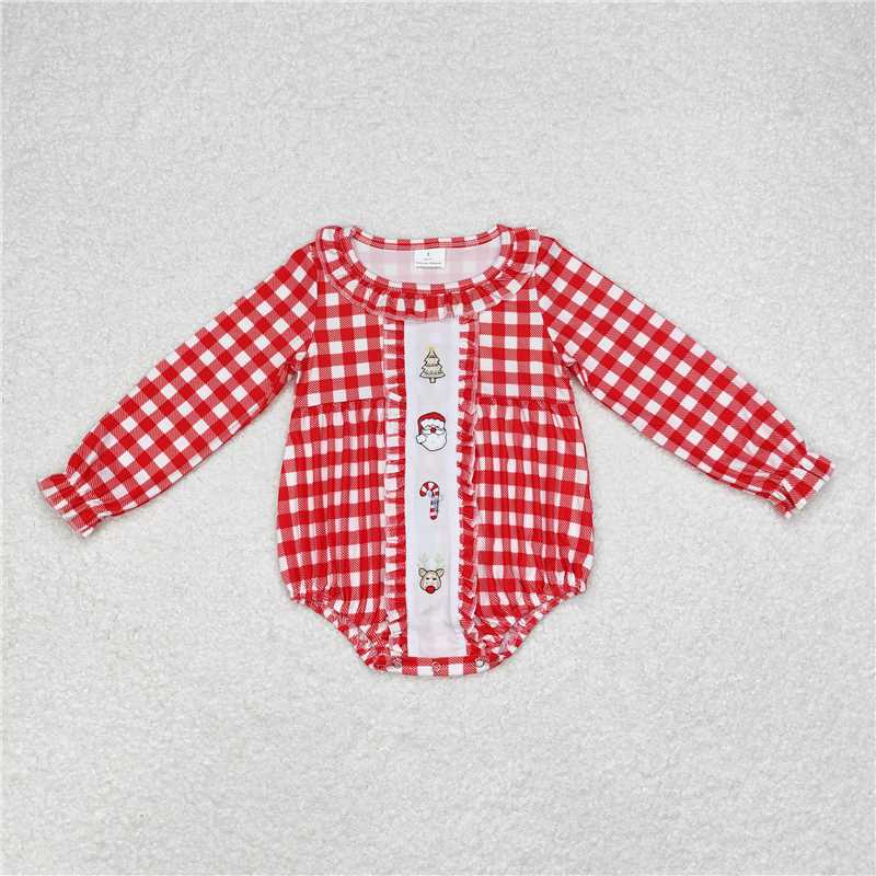 LR1302 Embroidered Christmas tree, old man with cane, deer, red plaid lace long-sleeved jumpsuit