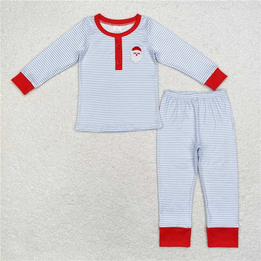 BLP0677 Embroidered Santa Claus blue striped long-sleeved trousers pajama set