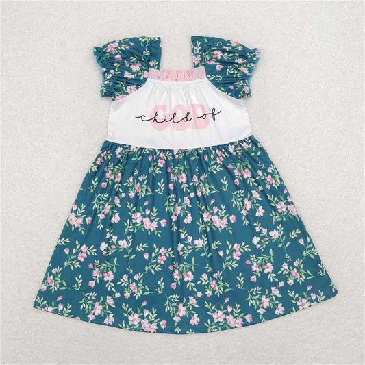 GSD1388 child of god flower green short-sleeved dress