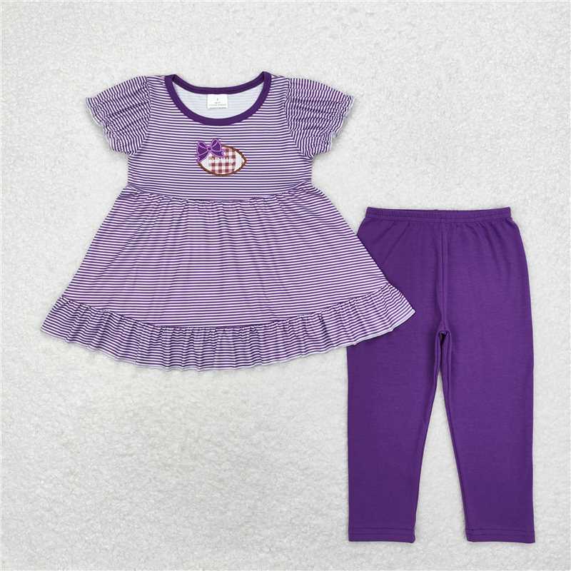 GSPO1676 Embroidered purple bow rugby striped short-sleeved trousers suit