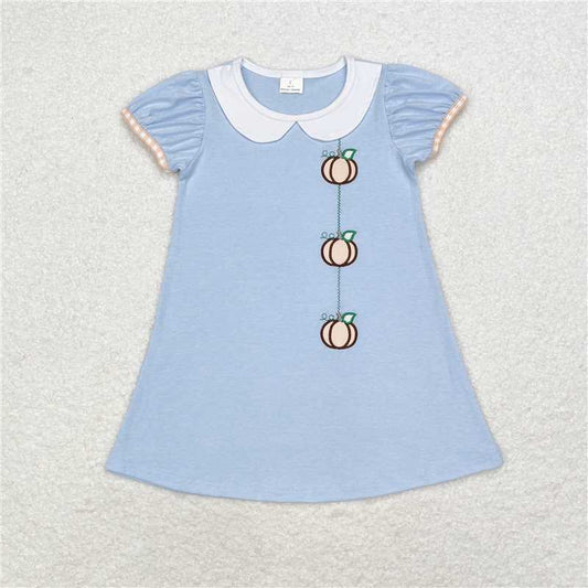 GSD1257 Embroidered pumpkin doll collar blue short-sleeved dress