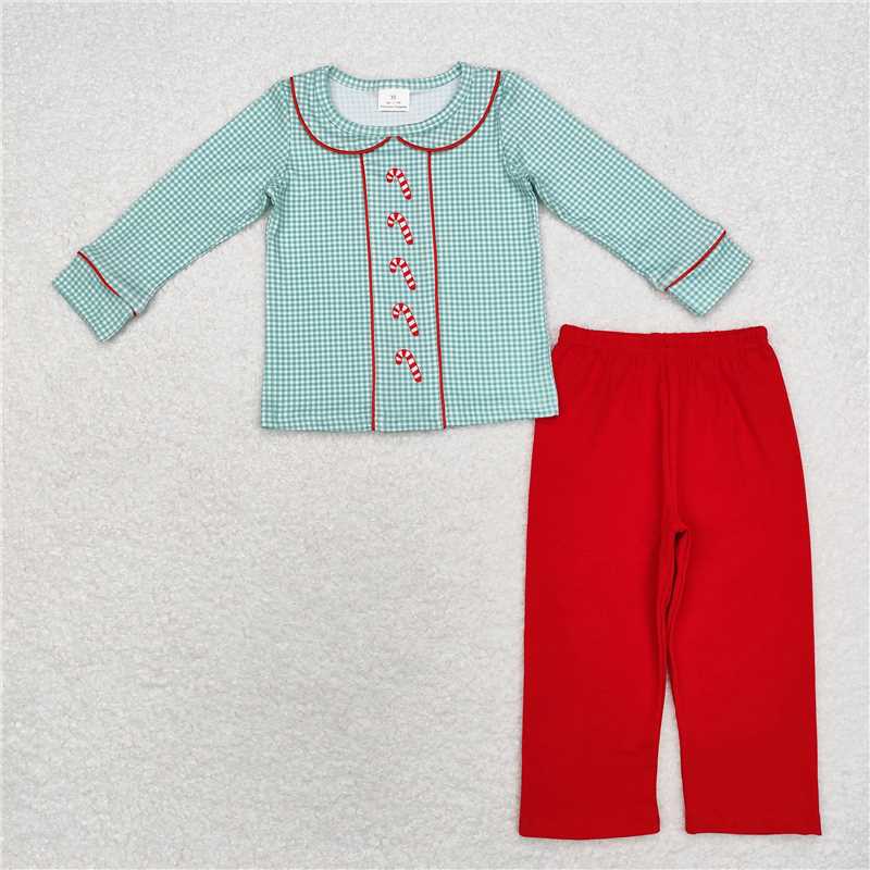 BLP0752 Christmas cane green plaid doll collar long sleeve red trousers suit