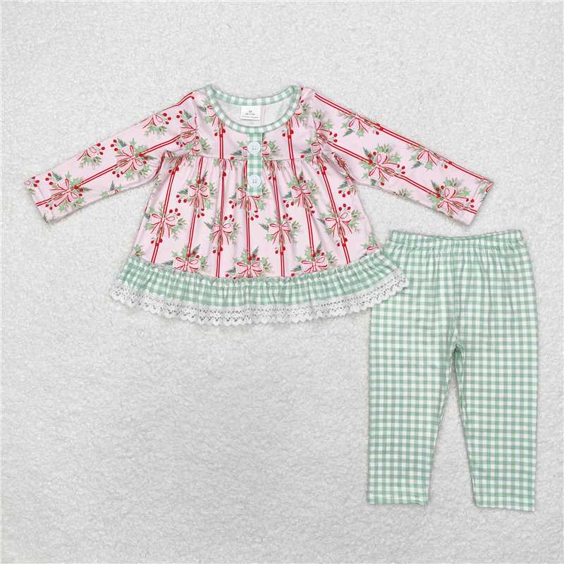 GLP1663 Christmas bow pattern green plaid lace pink long-sleeved trousers suit