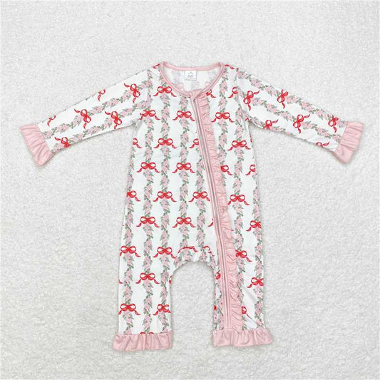 LR1517 Modal flower, leaf, and bow pattern pink lace white zipper long-sleeved jumpsuit