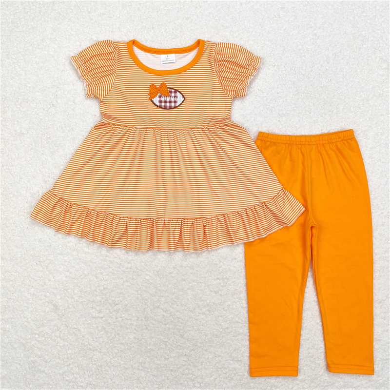 GSPO1674 Embroidered orange bow rugby stripe short-sleeved trousers set