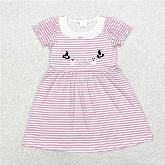 GSD1362 Witch hat ghost bow pattern doll collar pink striped short-sleeved dress