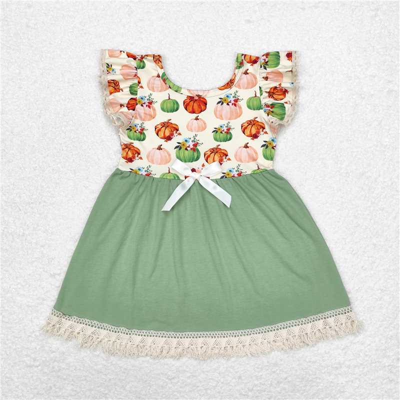 GSD1326 Pumpkin flower lace green flying sleeve dress