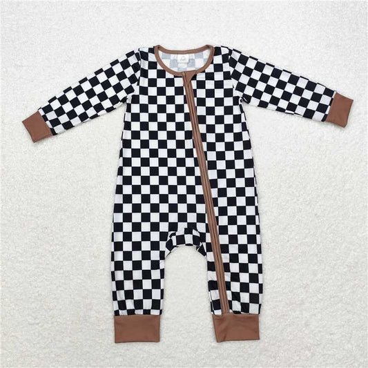 LR1436 Modal black and white plaid brown edge zipper long sleeve jumpsuit