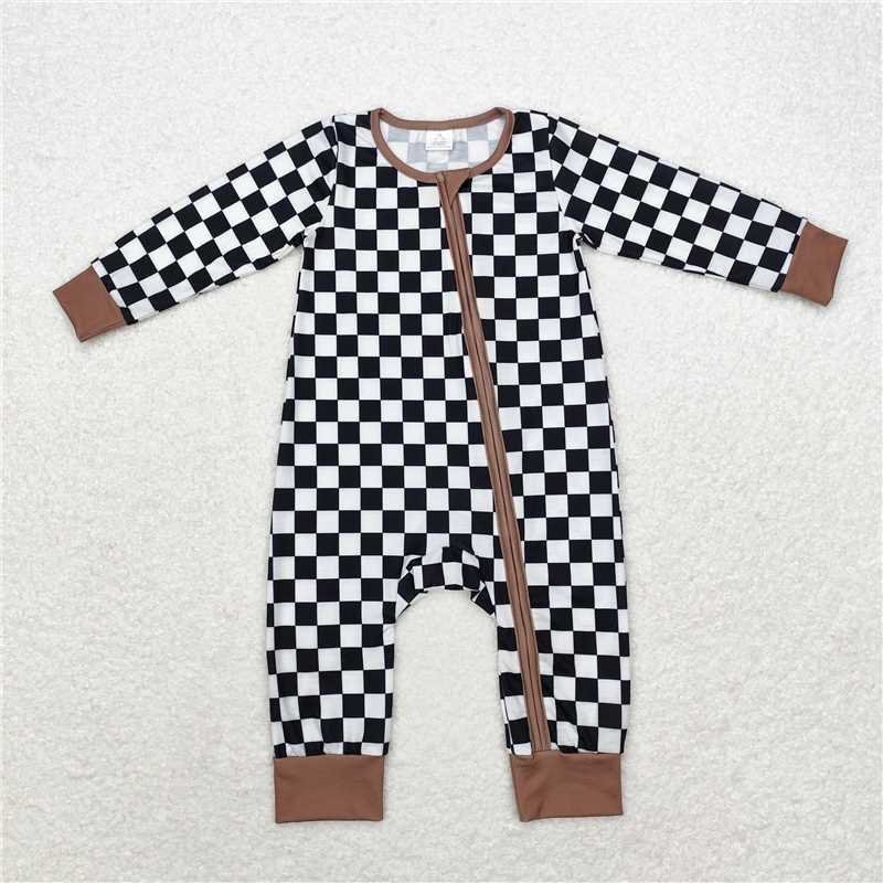 LR1436 Modal black and white plaid brown edge zipper long sleeve jumpsuit