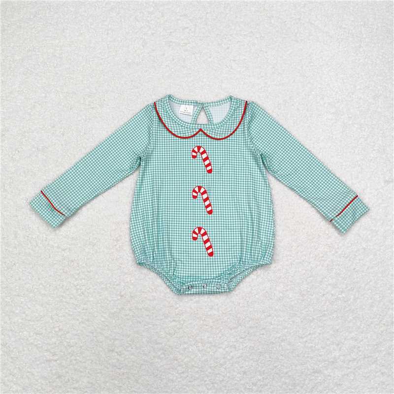 LR1519 Christmas cane green plaid doll collar long-sleeved jumpsuit