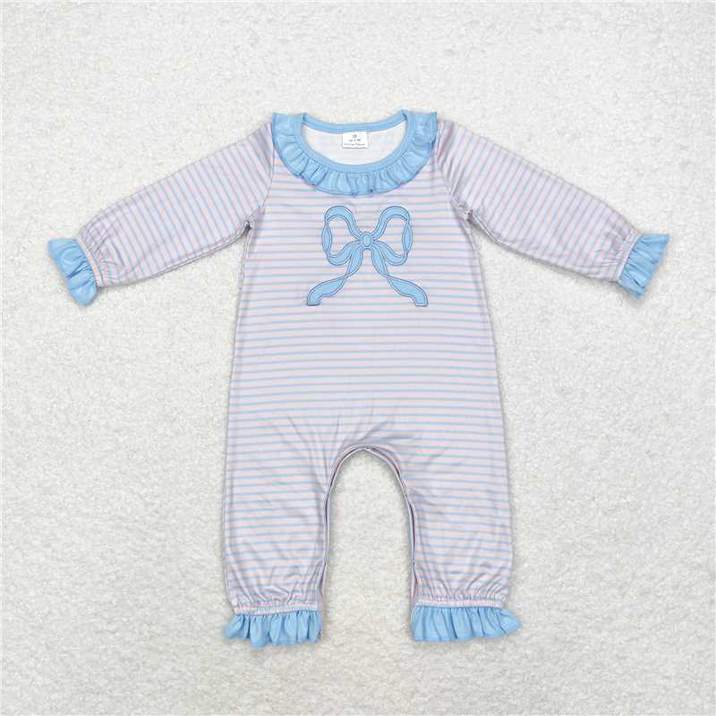 LR1378 Long-sleeved pink bodysuit with embroidered blue stripes and bow pattern