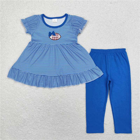 GSPO1677 Embroidered blue bow rugby striped short-sleeved trousers set