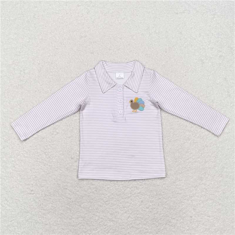 BT0807 Embroidered turkey button collar striped long sleeve top