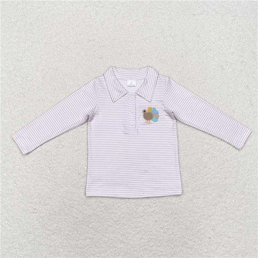 BT0807 Embroidered turkey button collar striped long sleeve top