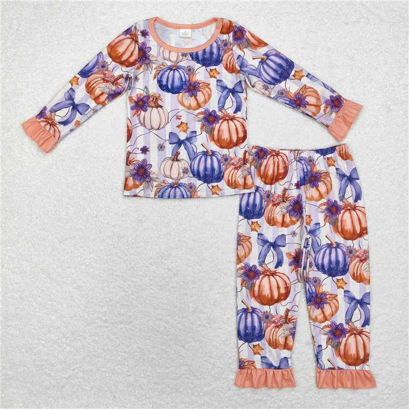 GLP1619 Modal pumpkin orange lace purple striped long sleeve long pants pajamas set