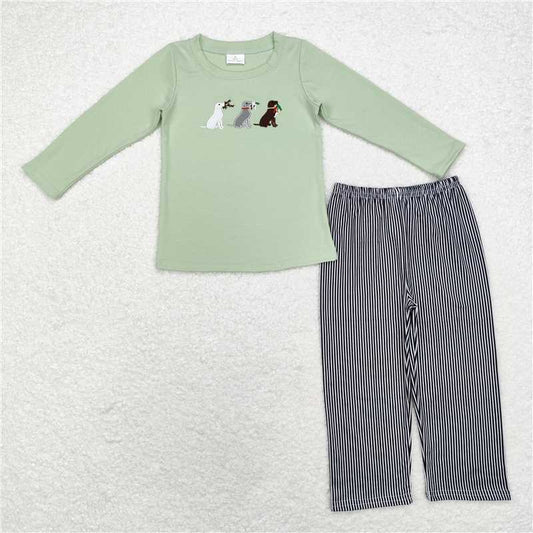 BLP0741 Embroidered hunting puppy green long sleeve and long pants suit