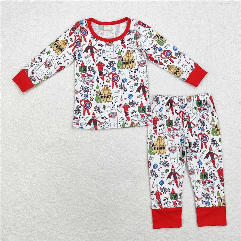 BLP0722 Modal Christmas Snowman Elf Red and White Long Sleeve Long Pants Pajama Set