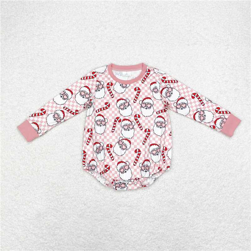 LR1511 Santa Claus Cane Pink and White Plaid Long Sleeve Bodysuit