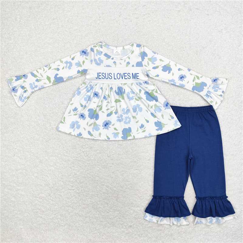 GLP1669 jesus loves me floral long sleeve blue trousers suit