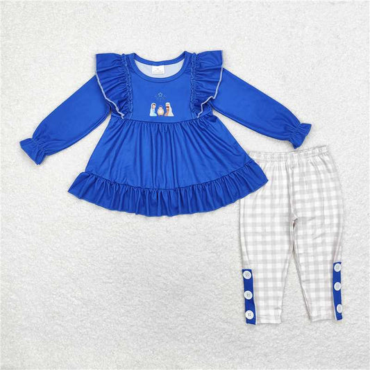 GLP1597 Jesus blue lace long-sleeved plaid trousers suit