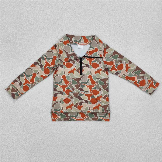X1.1  BT1069 Alpine Bull Head Camouflage Brown-Green Zipper Long-Sleeve Top