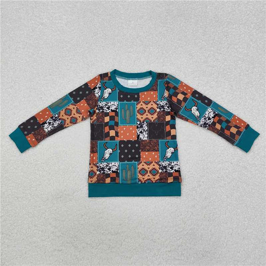 X1.1  BT1060 Alpine Bull Head Geometric Cactus Check Long-Sleeve Top  8
