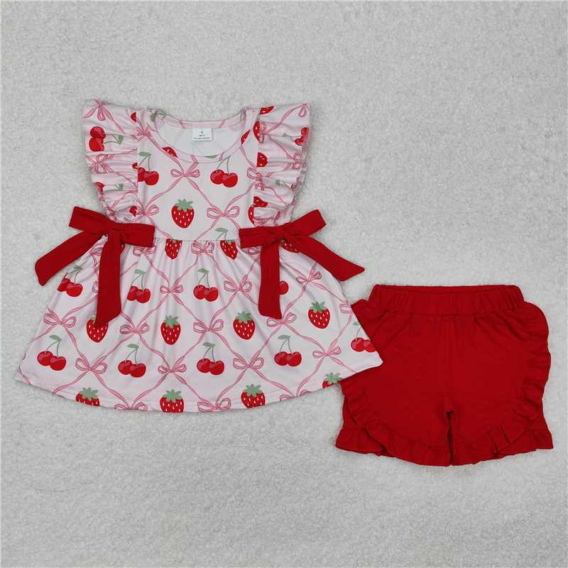 GSSO1640 Strawberry cherry red bow pink sleeveless shorts set