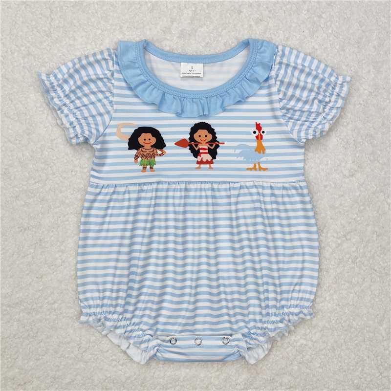 SR2419 Cartoon girl chick stripes blue lace short-sleeved jumpsuit