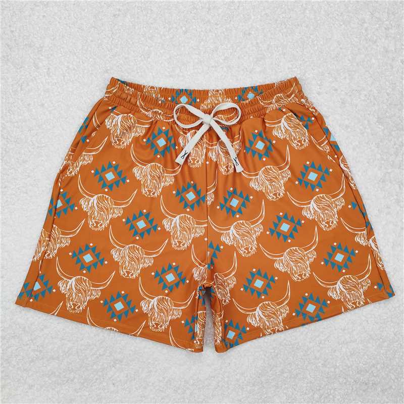 4.9 S0462 Adult male alpine bull head geometric pattern orange brown swimming trunks