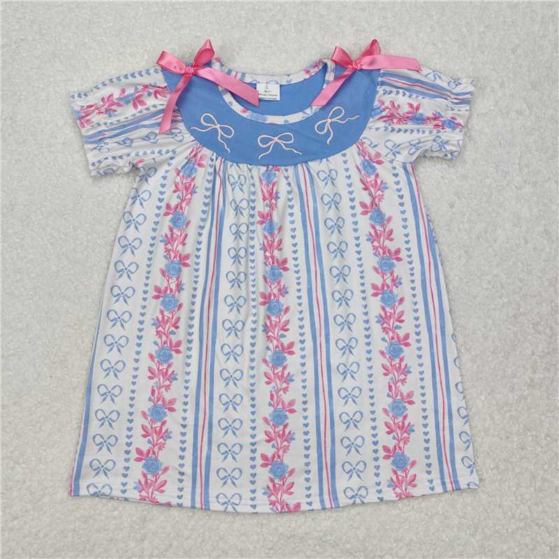 GSD1520 Embroidered pink bow flower striped short-sleeved dress