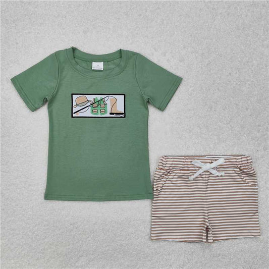 BSSO1154 Embroidered fishing rod vest hat boots green short-sleeved striped shorts suit