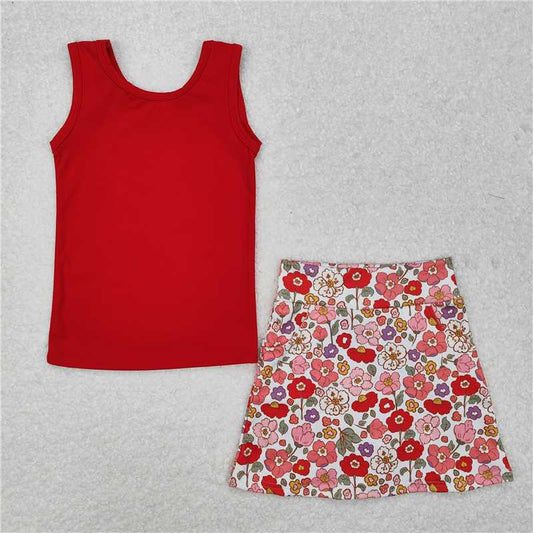 GSD1598 Pure red vest flower pants skirt yoga set