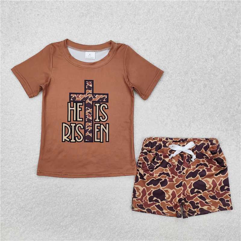 BSSO1162 he is risen camouflage cross brown short-sleeved shorts set