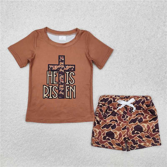 BSSO1162 he is risen camouflage cross brown short-sleeved shorts set