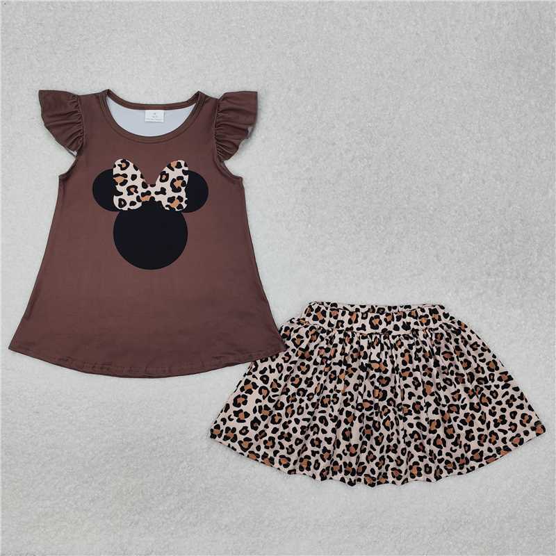 GSD1664 Leopard print bow Mickey and Minnie brown flying sleeves skirt suit