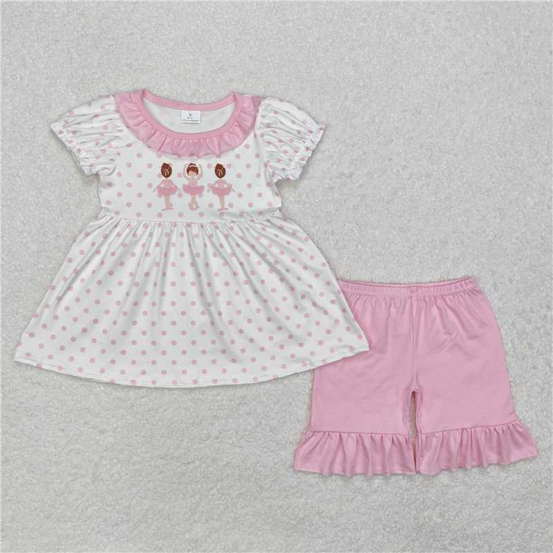 GSSO1732 Ballerina pink lace polka dot white shorts set