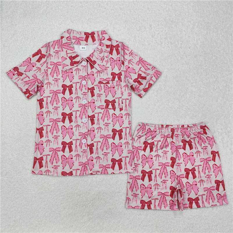 4.9  GSSO1717 Adult female pink bow pattern short-sleeved shorts pajamas set