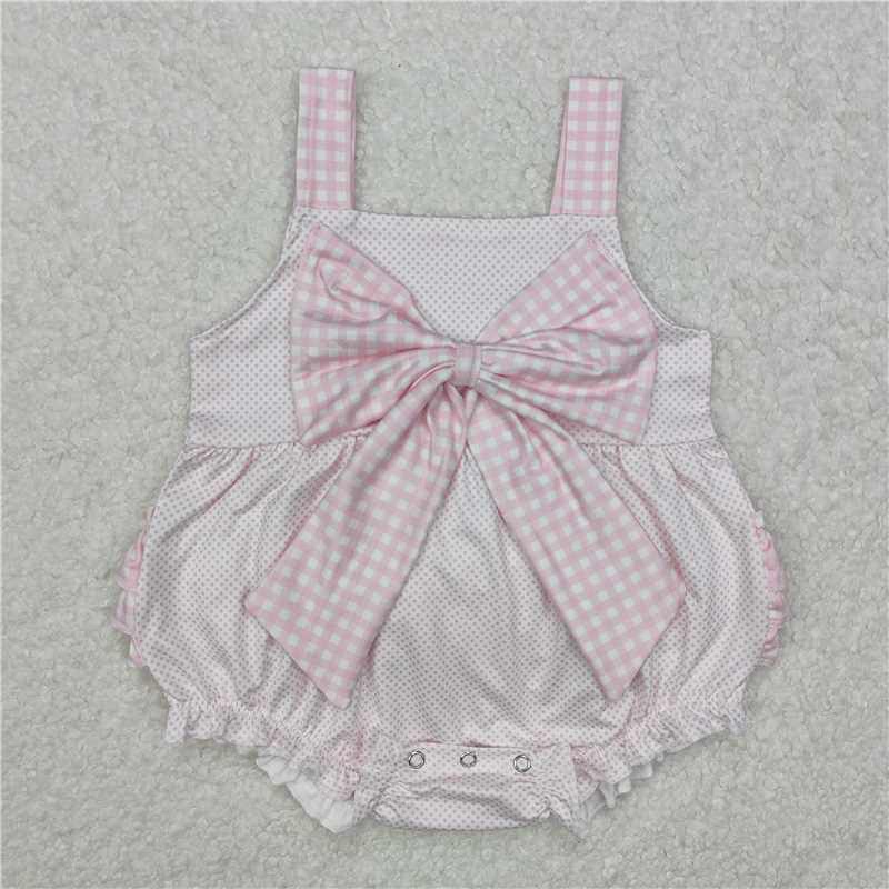 SR2280 Polka dot pink plaid bow camisole jumpsuit