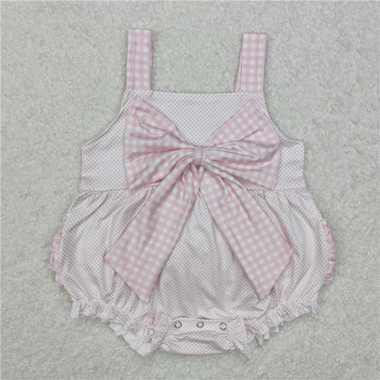 SR2280 Polka dot pink plaid bow camisole jumpsuit