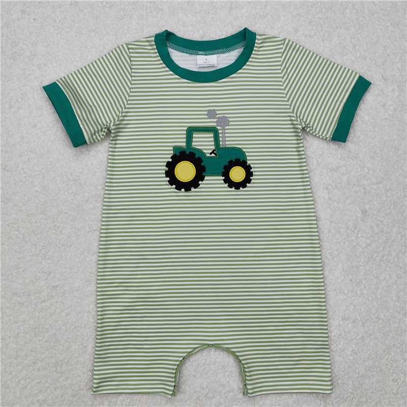 SR2431 Embroidered Farm Tractor Green Striped Short Sleeve Bodysuit