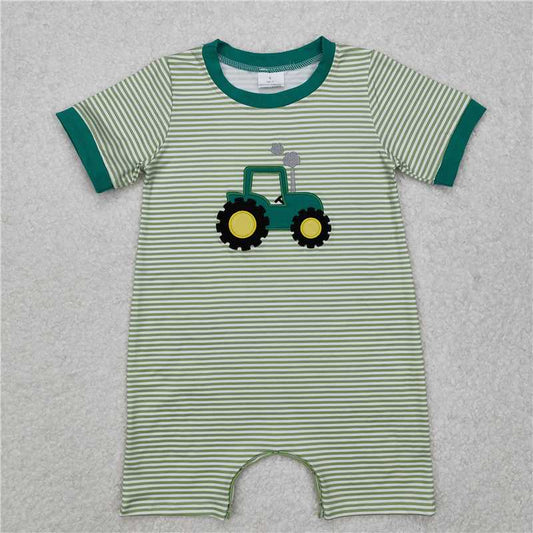 SR2431 Embroidered Farm Tractor Green Striped Short Sleeve Bodysuit