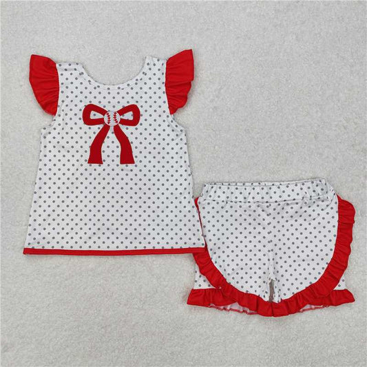 GSSO1698 Embroidered baseball red bow polka dot white flying sleeve shorts set