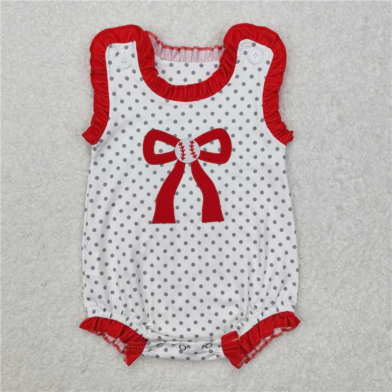 SR2376 Embroidered baseball red bow polka dot white vest jumpsuit