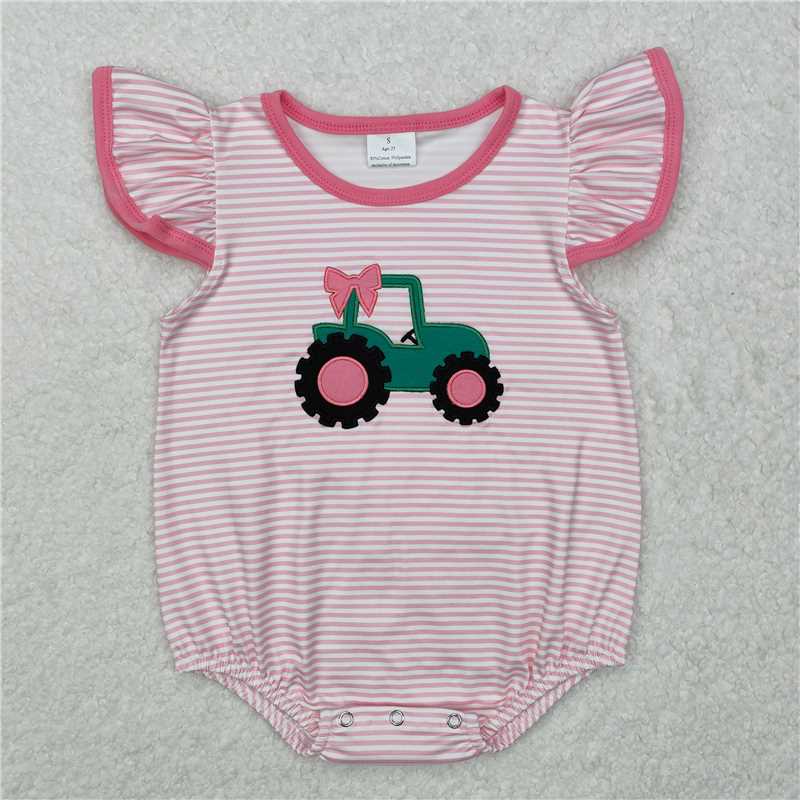 SR2432 Embroidered farm tractor pink striped vest bodysuit