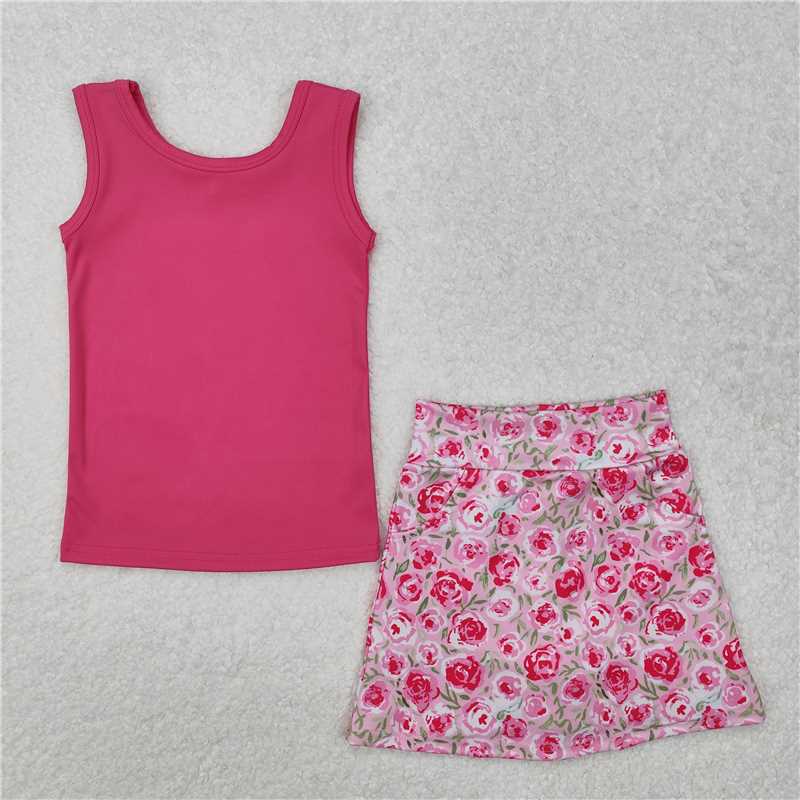 GSD1599 Pure rose red vest flower skirt yoga set