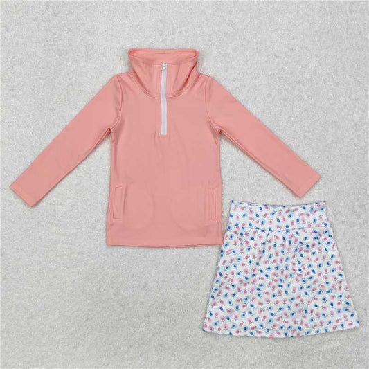 GLD0984 Pure pink zipper long sleeve flower white short skirt yoga set