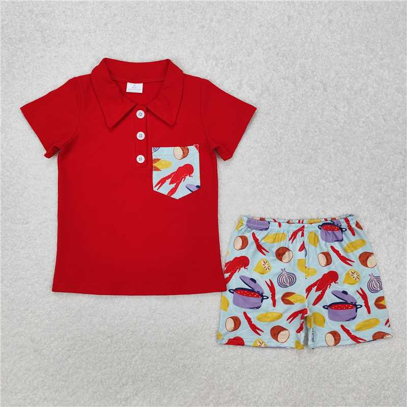 BSSO1188 Crayfish corn pocket red short-sleeved shorts set