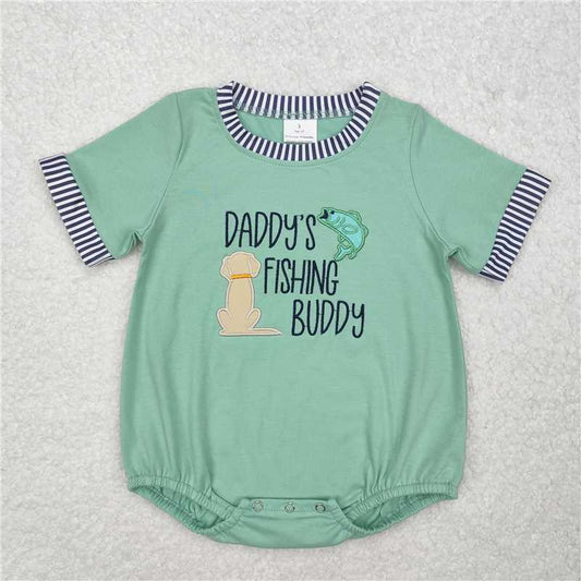 SR2336 Embroidered daddy's fishing buddy fish puppy striped green short-sleeved jumpsuit