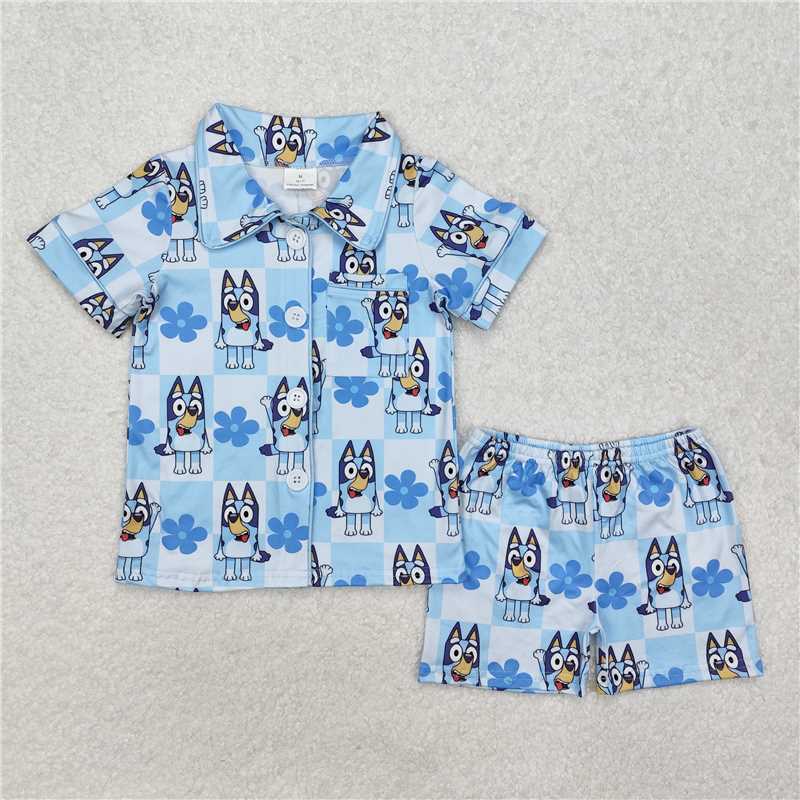 GSSO1800 bluey flower blue plaid short-sleeved shorts pajama set